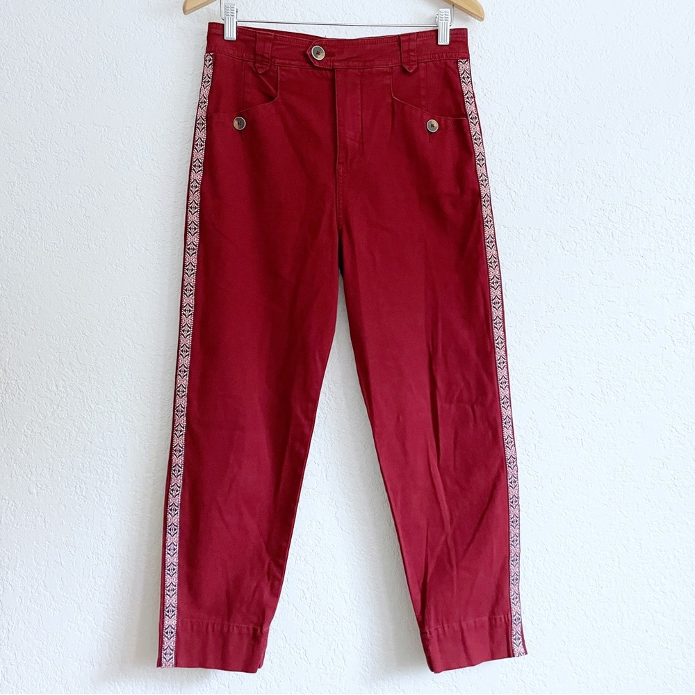Anthropologie Maroon Wine Red Embroidered Side Tuxedo High Rise Pants 2 SMALL